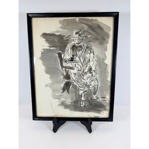 Vintage 1964 Michael W Ink‎ Wash Drawing Man in Hat Artist Signed Framed Art
